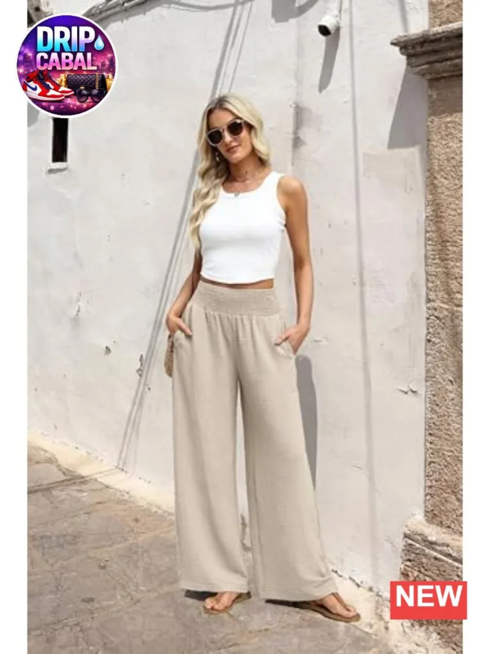 Wide Leg High Waist Pants with Pockets Casual Lounge Trousers 100% Polyester